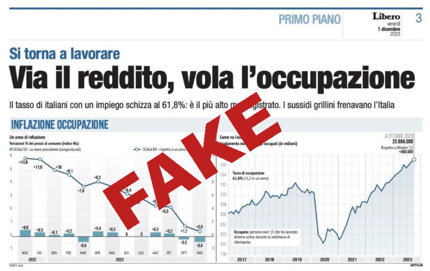 Libero pubblica "via il reddito vola l'occupazione", ma è falso e vi spieghiamo perché. - Grandeinganno