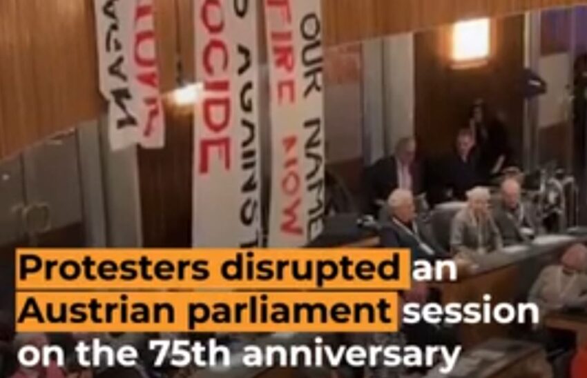 Manifestanti 'Ebrei contro il genocidio' interrompono il parlamento austriaco con lo slogan 'Mai più per nessuno' - Grandeinganno