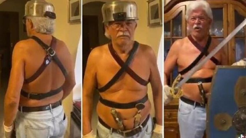 La performance imbarazzante dell'ex senatore Antonio Razzi, in versione "Il gladiatore" con una pentola in testa. - Grandeinganno