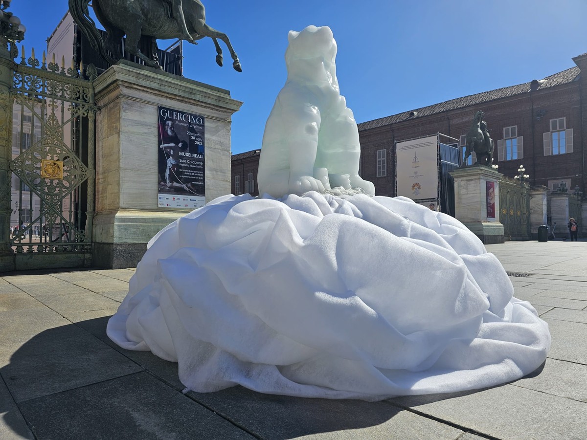 Un orso di ghiaccio da una tonnellata si scioglie sotto il sole di piazza Castello [FOTO e VIDEO] - Torino Oggi