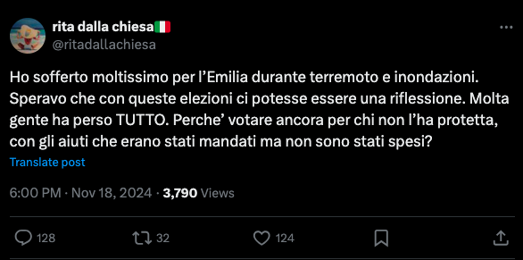 In Emilia Romagna ha vinto ancora (in una sorta di Masochismo Collettivo) il Centro-Sinistra che Governa da sempre, Nonostante Non abbia fatto Niente per gli Alluvionati! Che dire, Buona Fortuna a questo punto! Chi e' Causa del suo Mal Pianga se Stesso!
