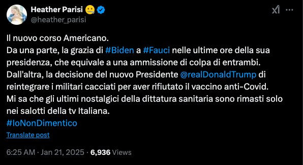 Heather Parisi Esalta Trump per il Reintegro dei Militari Usa Non Vaccinati e conferma che i Nostalgici della Dittatura Sanitaria sono rimasti solo nelle TV Italiane!